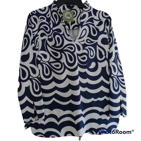 Elizabeth McCay Navy White Graphic Print Blouse V Neck 6 - Picture 1 of 13